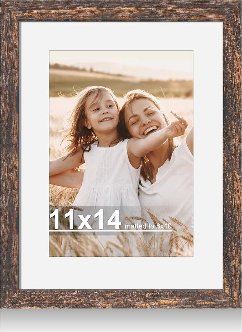 Hongkee 11x14 Picture Frame with Real Glass - 8x10 Wooden Frame with Mat, Horizontal and Vertical Display for Wall or Tabletop (Rustic Brown, 1 Pack), 11X14 in