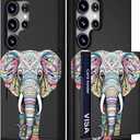 Compatible with Samsung Galaxy S24 Ultra Case Cute with Card Holder/Slim Slot Wallet Phone Cover for Women/African Elephant Design Animal Ethnic Stylized Pink