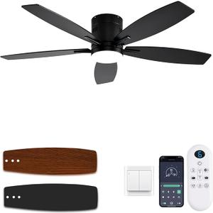 KNUN 52 Inch Flush Mount Ceiling Fan with Light and Remote/App Control,Black Ceiling Fans with Lights, 3CCT,Dimmable,Noiseless,Low Profile Ceiling Fan for Indoor/Outdoor Use