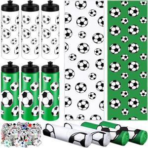 12 Pcs Soccer Water Bottle Soccer Cooling Towel Set with 50 Sticker Sports Party Favors Include 6 Reusable Sports Squeeze Water Bottle 6 Ice Towel Breathable Fast Drying for Team Gifts