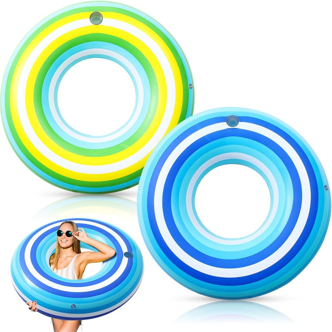 ShinyRelief 2 Pack 50'' Giant Inflatable Tube Pool Float with Cup Holder Vintage Stripe Large Pool Float Donut Adult Swim Rings Round Beach floaties for Summer Swimming Party, Yellow Green Blue