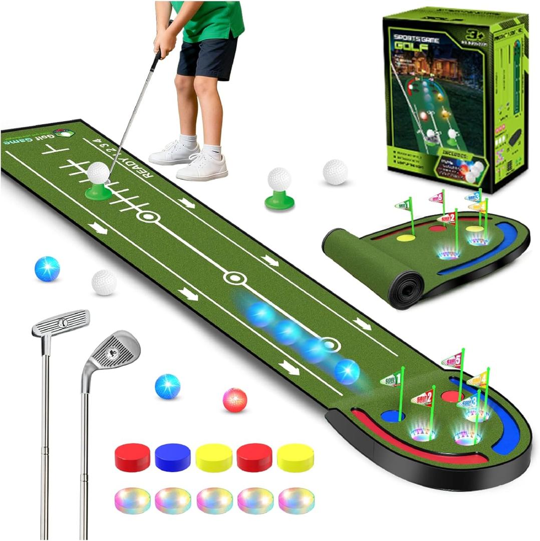 TERRAMUS Upgraded Golf Putting Mat for Kids, 7.8 Ft Putting Green with LED Light up Holes, Glowing Balls, 2 Clubs, Toy Golf Game Set, Golfing Mats Indoor Outdoor, Sport Golf Gift for Kids Teens Family