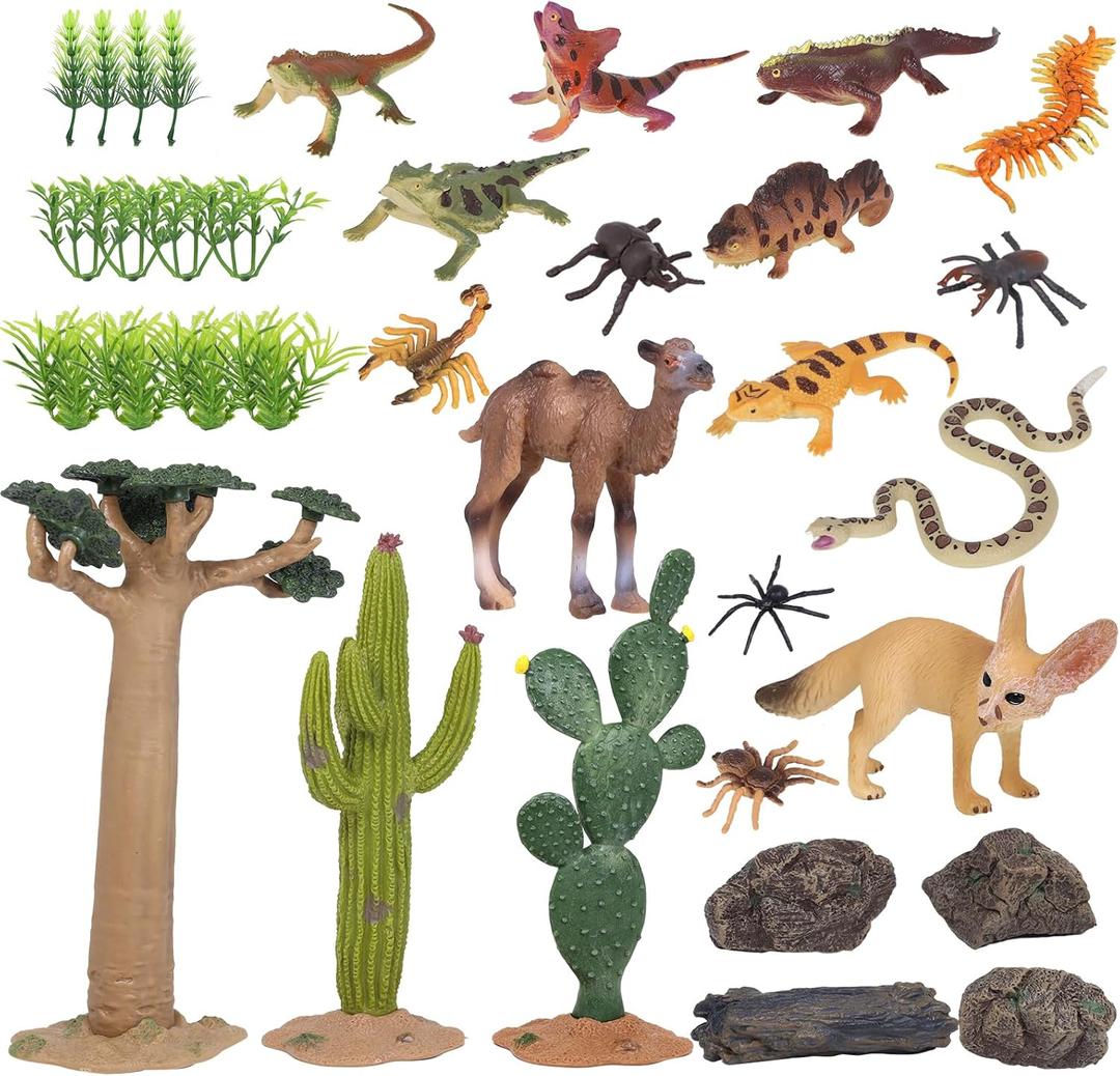 Lohoee 34Pcs Desert Animal Figurines Set Breadfruit Cactus Model Trees Kit with Camel Fox Lizard Snake Rock Reptiles Playset Toys for Cake Toppers School Projects or Birthday Gift