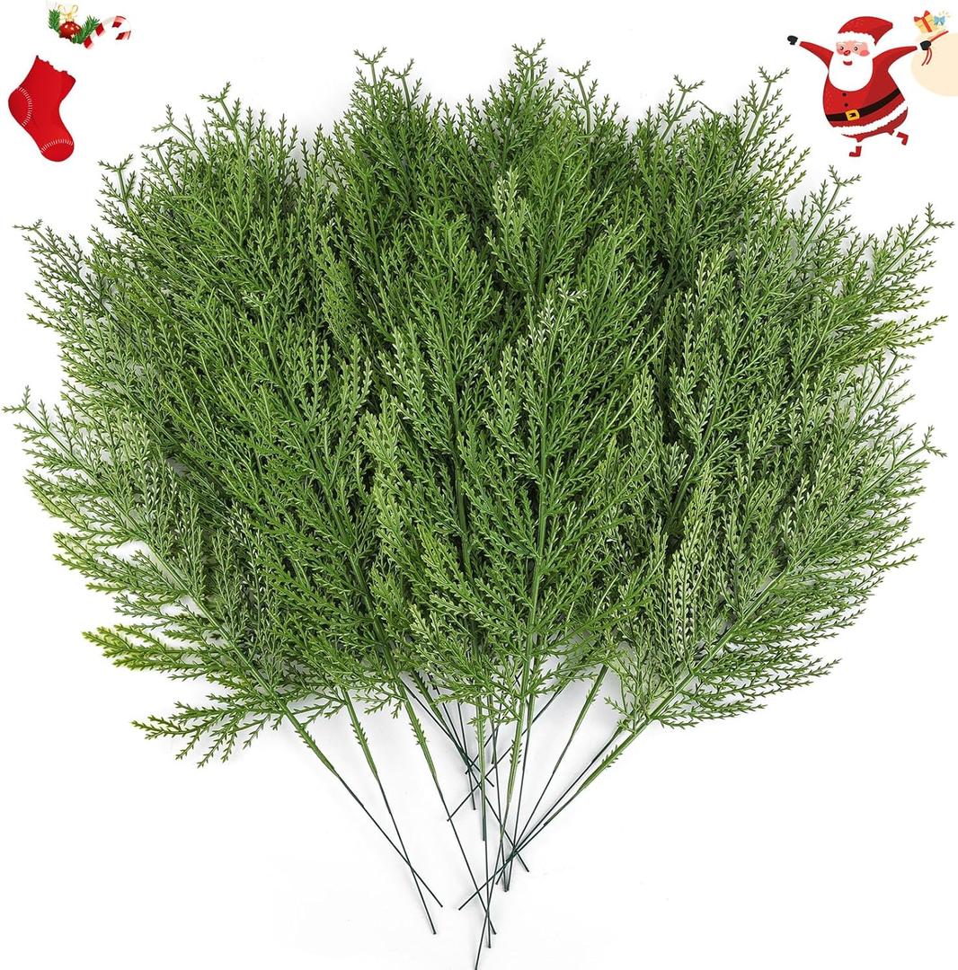 Hananona 40 Pcs Artificial Cedar Picks Faux Cedar Branches Fake Cypress Stems Plastic Pine Greenery Christmas Picks and Sprays DIY Accessories for Crafts Wreath Holiday Home Decor (40, Green)