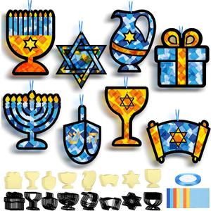DoubleFill 48 Pcs Hanukkah Suncatchers Craft Kits Make Your Own Hanukkah Stained Glass Craft Kit Religious Christian Tissues Paper for Window Art Activities Xmas Decoration
