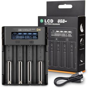 4-Slot Smart Battery Charger for 18650 26650 21700 Li-ion/Ni-MH/Ni-CD, LCD Display with Auto Detection & Safety Protection