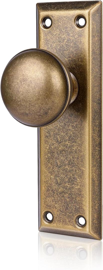 2 Pack Single Sided Old Style Dummy Door Knobs Interior, Vintage Antique Brass Long Plate Dummy Door Handles