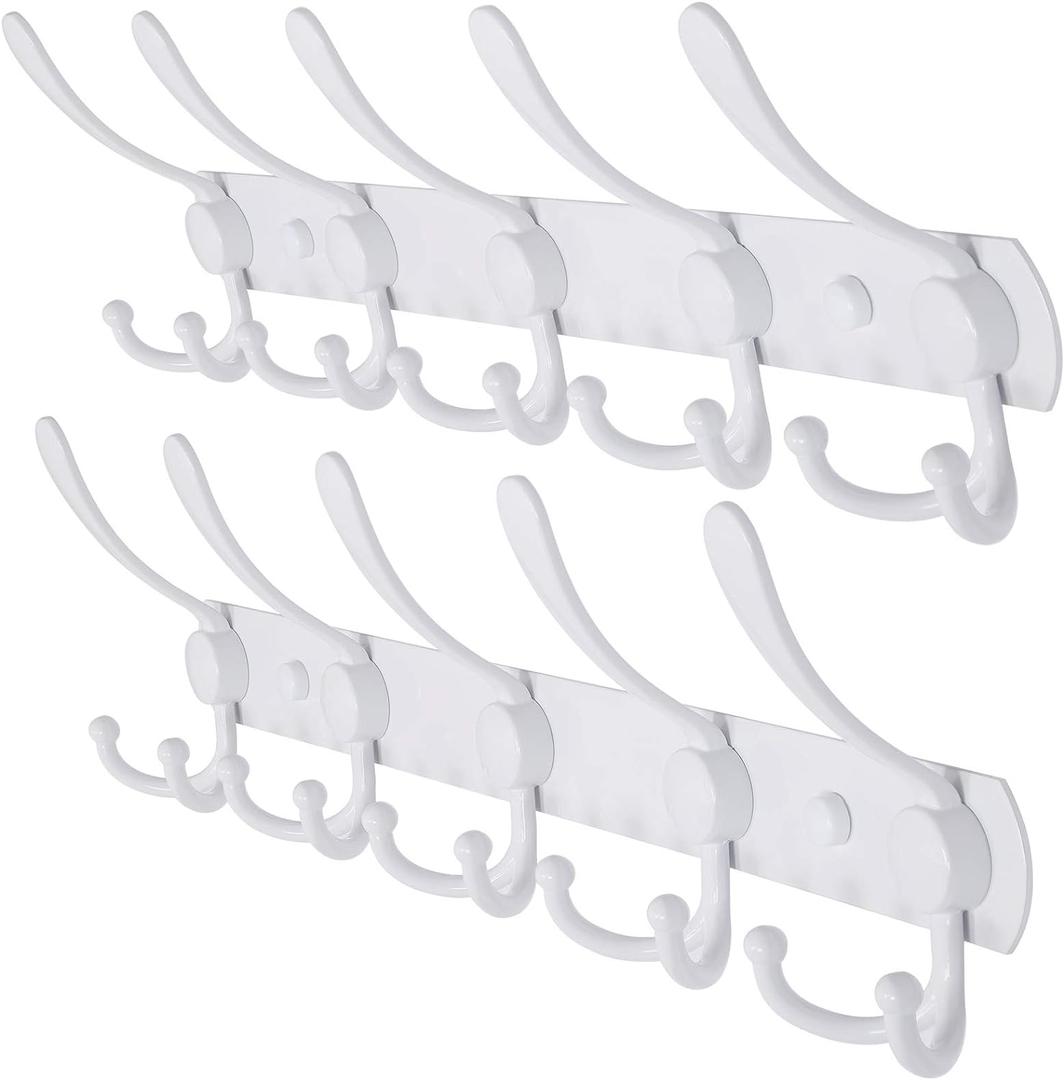Dseap Wall Mounted Coat Rack - 5 Tri Hooks, Heavy Duty, Stainless Steel, Metal Coat Hook Rail for Coat Hat Towel Purse Robes Mudroom Bathroom Entryway (White, 2 Packs)