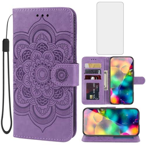 Bohefo Case for iPhone 17 Case/for Apple17 Wallet Cases with Tempered Glass Screen Protector, Mandala Leather Flip Credit Card Holder Stand Phone Cover for iPhone 17 Purple