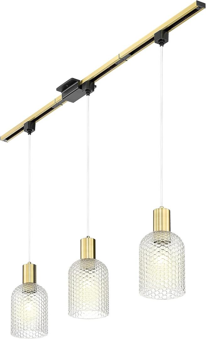 Emliviar 3-Light Brushed Gold Track Pendant Lighting with Hammered Glass Shades, Modern H-Type Ceiling Hanging Light for Kitchen Island, Dining Room, GE296TP-3 BG