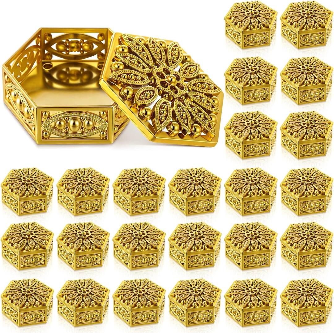 Yexiya 24 Pcs Indian Return Gifts for Pooja Bulk Hollow out Hexagon Candy Boxes Decorative Candy Containers Golden Hexagon Box Storage Gift Boxes for Wedding Christmas Birthday Party Decorating