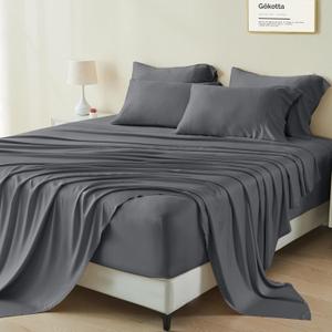 GOKOTTA King Sheet Set, 100% Rayon Derived from Bamboo Sheets King Size 6 Pieces Set, Soft & Breathable Sheets, 16" Deep Pocket King Sheets with Elastic Corner Straps, Moisture Wicking,Cooling (05 Dark Grey)