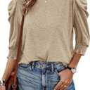 Tankaneo Womens 3/4 Length Sleeve Tops Dressy Casual Blouse Puff Sleeve Cute Trendy T Shirts with Smocked Cuffs (L)