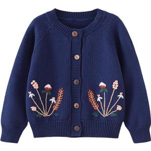Baby Toddler Boys Girls Cardigan Sweater Long Sleeve Knit Embroidery Flowers Jacket Outwear Button Tops (12-18 Months, Navy)