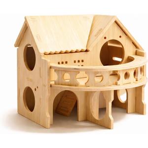 Improved Safety Large Balcony Small & Cute Wooden Hamster House with Large Balcony Double-Decker Forest-Style Hut for Dwarf Hamsters, Mice, Gerbils, Rats & Small Pets (Compact Size Only)