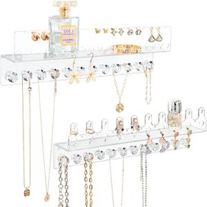 Acrylic Hanging Jewelry Organizer Wall Mounted Jewelry Holder with Floating Shelf, Necklace Holder Organizer, Stud Earring Organizer and Ring Holder for Women Girls (2 Pack)