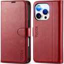 TUCCH Case Wallet for iPhone 16 Pro, RFID Blocking PU Leather Kickstand Folio Cover with 4 Card Slots [TPU Protective Interior Shell], Magnetic Flip Case Compatible with iPhone 16 Pro, Dark Red