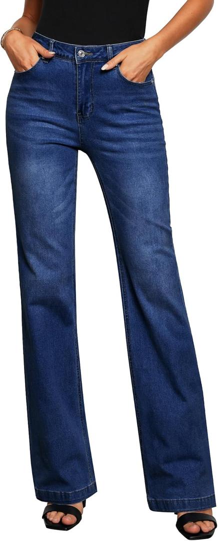 GRAPENT Womens Flare Jeans High Waisted Wide Leg Baggy Jean for Women Stretch Denim Pants (Medium, Long Indigo Skyblue)