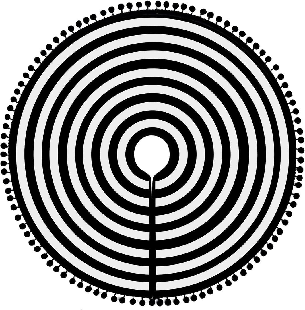 MACTING Christmas Black and White Tree Skirt, 30 Inch Annual Rings Tree Mat with Pom Poms for Xmas Tree Halloween Indoor Home Holiday Party Christmas Decorations