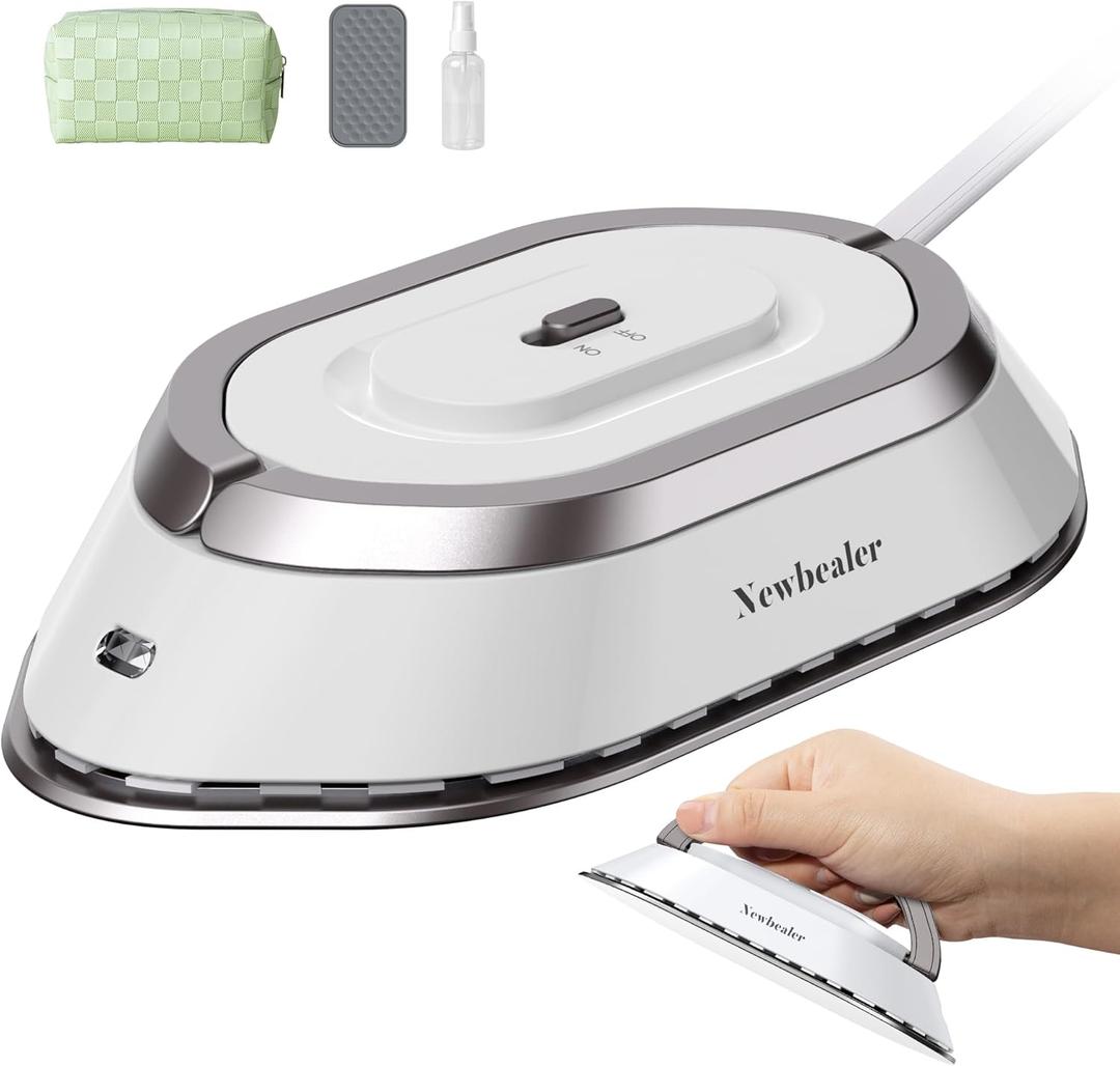 Newbealer Travel Iron with Global Voltage, 100-240V Mini Dry Iron for Clothes (No Steam), Max 300W, 60s Heat Up, 302 Non-Stick Ceramic Soleplate, 0.8lbs Ultra-Lightweight (Silver)