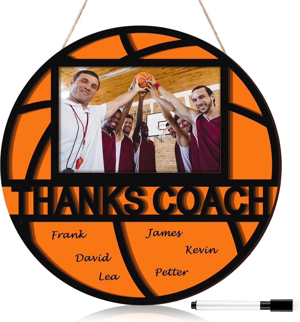 Qunclay Sports Signable Picture Frame with Pen Thanks Coach Gift from Team Fits 4 x 6 Inches Photos Wooden Picture Frame Graduation Coaches Appreciation Plaque Gifts(Basketball)
