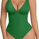 FeelinGirl Shapewear Bodysuits for Women Tummy Control Body Suits Deep V Neck Thong Body Shaper (Large, Green)