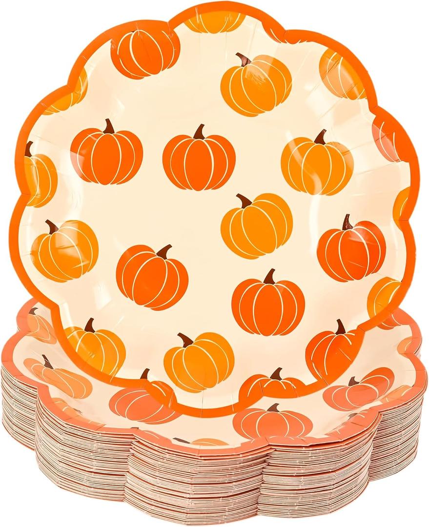 48Pcs Pumpkin Dessert Paper Plates Fall Pumpkins Scallop Disposable Party Plates 7" Orange Edge Scalloped Plate for Thanksgiving Autumn Harvest Party Supplies