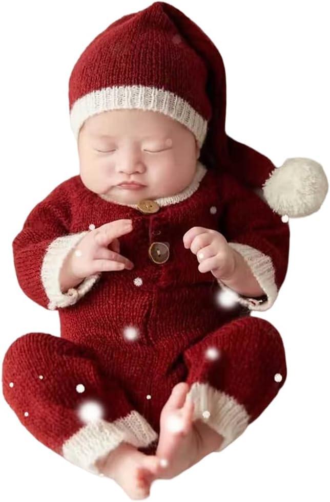 Newborn Photography Props Outfits Christmas Hat Leggings Infant Baby Boy Girl Photoshoot Costume (Red)