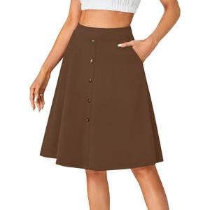 LYANER Women's Stretchy High Waist A-Line Midi Skirt Flared Vintage Casual Skirts with Pockets (Brown, S)