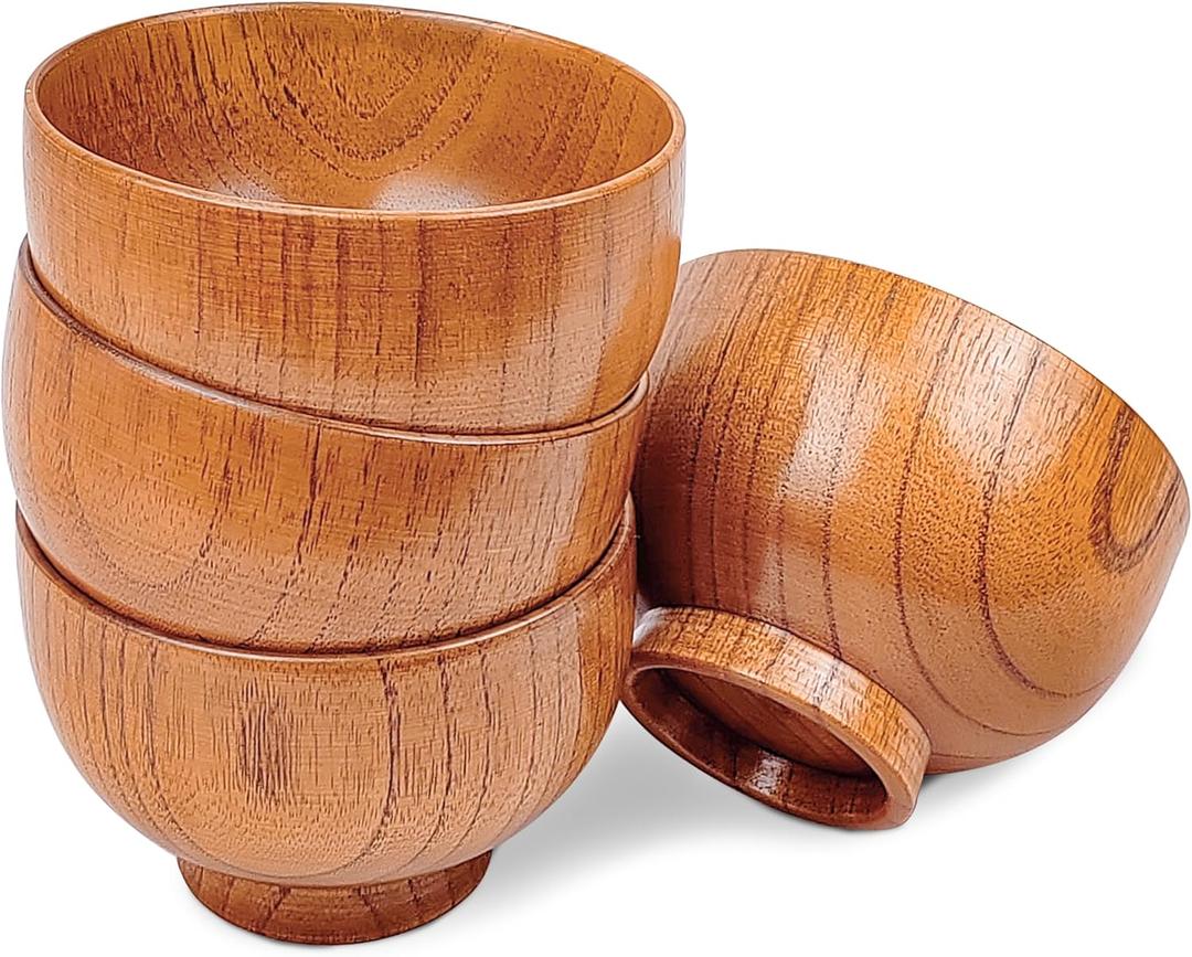 Handmade Wood Bowls,Jujube Wooden Japanese Bowl for Rice,Soup,Dip,Salad,Tea,Decoration 4 Sets(4 Bowls 4.6 IN)