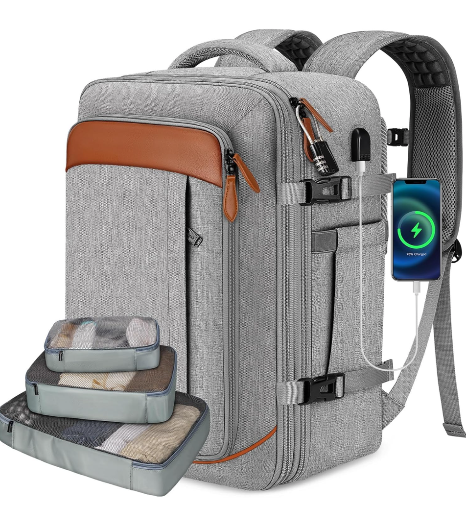 Vancropak Carry on Backpack, Flight Approved 18x14x8 Travel Backpack with 3 Packing Cubes, Expandable Large 40L Travel Bag fits 17.3" Laptop, Anti Theft Luggage Suitcase Weekend for Women Men, Grey