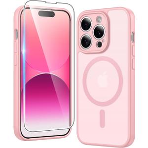 FNTCASE for iPhone 14 Pro Case: Matte Magnetic Phone Cases with Screen Protector Compatible with Magsafe Slim Anti Yellowing Rugged Shockproof Protective Translucent Cell Phone Cover (C-Pink)
