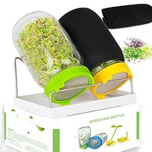 Kitmiido Seed Sprouting Kit, 2 Large Wide Mouth Mason Jars with Sprout Lids, Blackout Sleeves, Drain Tray, Stainless Steel Stand, Sprouts Growing Kit for Bean, Broccoli, Alfalfa (Yellow+Green)