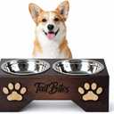 Raised Dog Bowls for Medium Sized Dogs  Wooden Elevated Dog Feeder Stand with 2 Stainless Steel Bowls + Chew Treat (14 x 7 x 6)