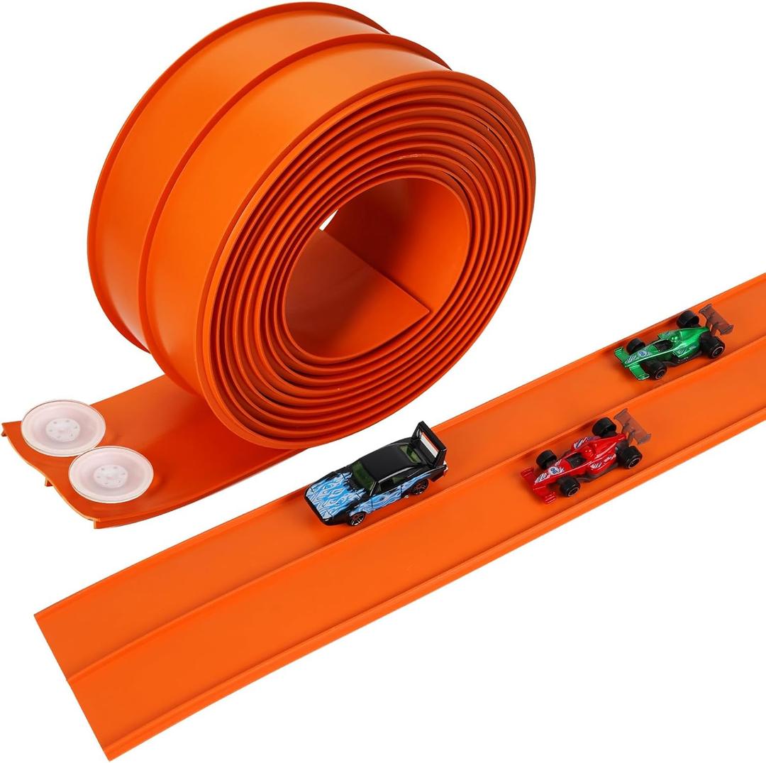 15 Ft Flexible Race Track for Kids with 3 Race Cars and Storage Bag, Compatible with Hot Wheels and Diecast 1/64th Cars, Simple and Versatile Gameplay, Safe and Durable Materials, Easy to Store (Orange)
