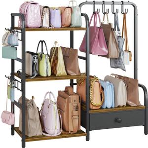 Purse Organizer for Closet, with Bottom Drawer, Extra Large Capacity 3 Tier Handbag Storage Rack for Women, 10 Purse Hanger and Hooks for Bag Organizer, Floor-Standing, Home, Living Room (Black)