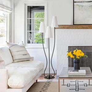 Sculptural Vintage Floor Lamp, 3-Light Standing Lamps with Curved Iron Base & Octagonal Linen Pleated White Shades, Statement Lighting for Living Room, Bedroom, Studio (Pleated Fabric Shade)
