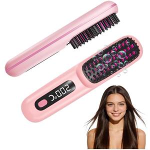 Go Brush Pro for Short Hair 2026, Portable Straightener Brushs for Travel, with LCD Temperature Display, Fast Heating Cordless Mini Hair Brushs (Pink)