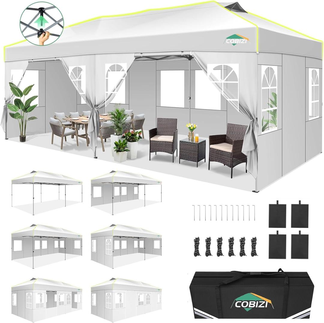 COBIZI 10x20 Pop Up Canopy Tent with 6 Removable Sidewalls, One Push Party Tent Outdoor Waterproof Event Canopy with Air Vent for Parties Commercial Wedding, 3 Height, Carry Bag, Sandbag, White