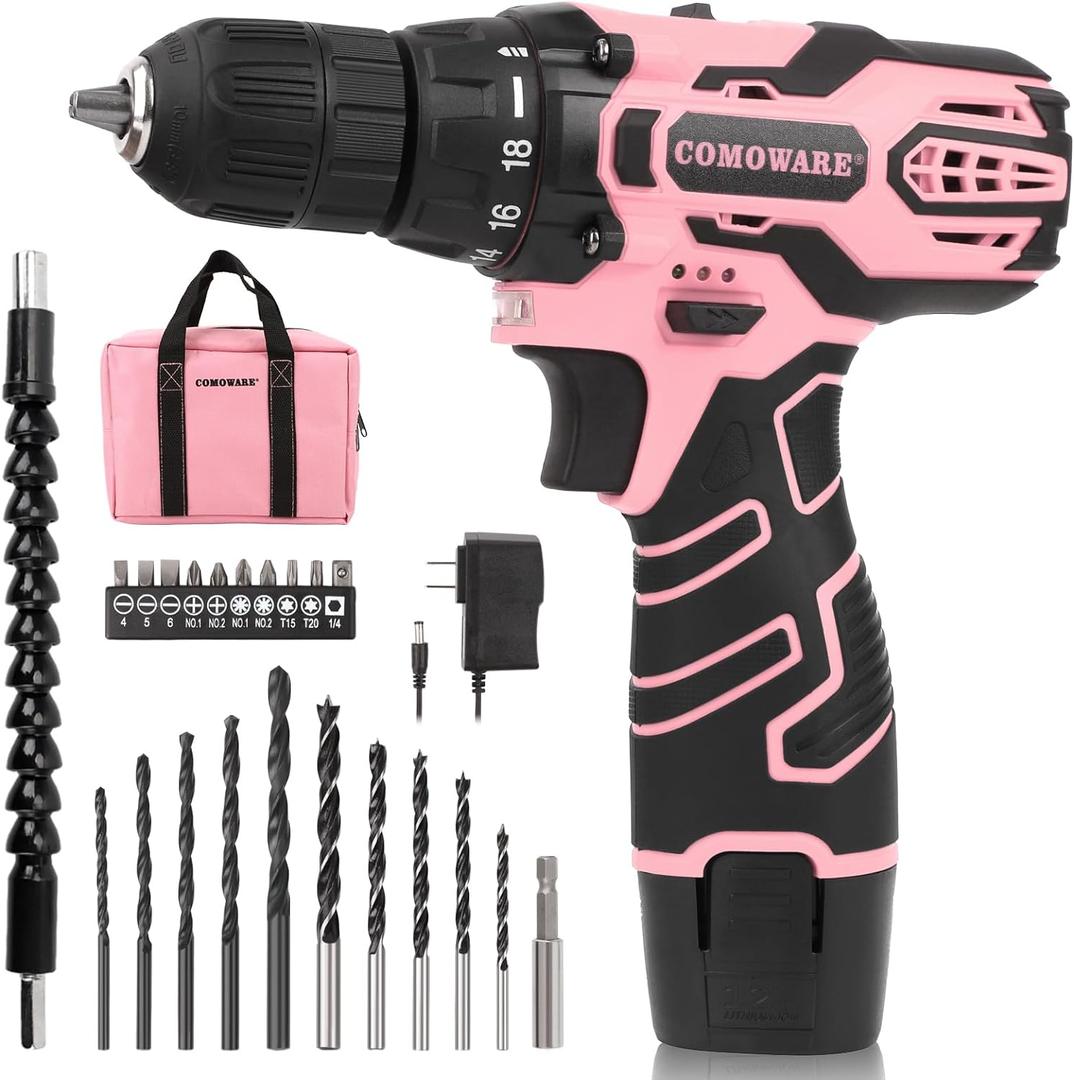COMOWARE Pink Cordless Drill Set for Women, 12V Lightweight Electric Screwdriver with 3/8" Keyless Chuck, 1.5Ah Battery - Portable Power Drill Kit with Pink Tool Bag for Home DIY Projects