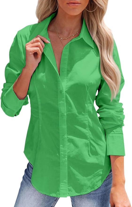 siliteelon Women's Button Down Shirts Long Sleeve Dress Shirts Wrinkle Free Collared Work Office Solid Blouses Corset Tops Small