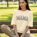 Mama Shirts for Women Oversized Cute Mama Print Graphic Tees Trendy Mom Short Sleeve Tops Beige (Beige, S)