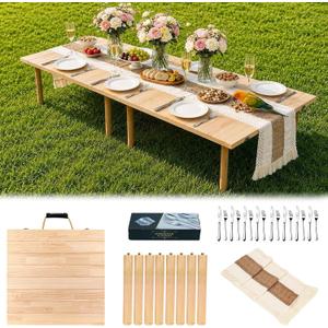 60" x 30" Boho Low Wooden Folding Picnic Table with Table Runner, Portable Boho Picnic Table for Indoor Outdoor Use, Camping, Beach, Garden, Wedding & Party (8 Steak Knives & Forks Included)