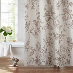 MUGINYU Vintage Farmhouse Linen Shower Curtain,Botanical Floral Toile Shower Curtain,Colorful Leaves Bath Curtains Shower,Boho Flower Plant Neutral Bathroom Decor,72" W x 72" L (Vintage Bird Beige)