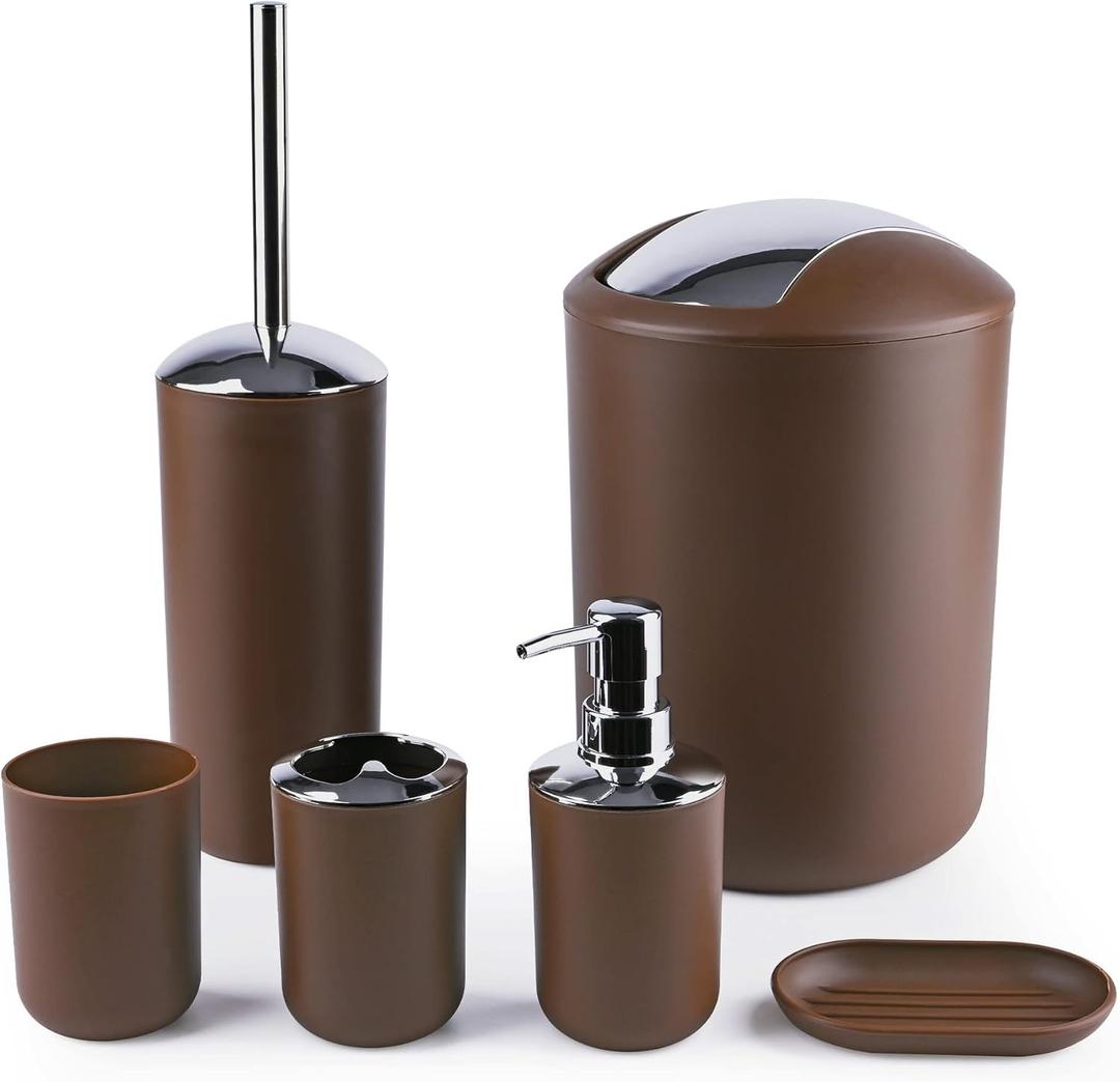 Papillon 6-Piece Bathroom Organization Set, Toothbrush Holder with Cup, Soap Dispenser & Dish, Toilet Brush, Trash Can, Tumbler Set (Coffee)