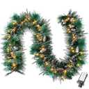Joiedomi 9FT Christmas Flocked Garland (Cone) Pre Lit with 50 Count Warm White String Lights for Winter Christmas and Holidays, Decorated with Pine Cones, Plug in Lighted Pine Garland, Xmas Collection