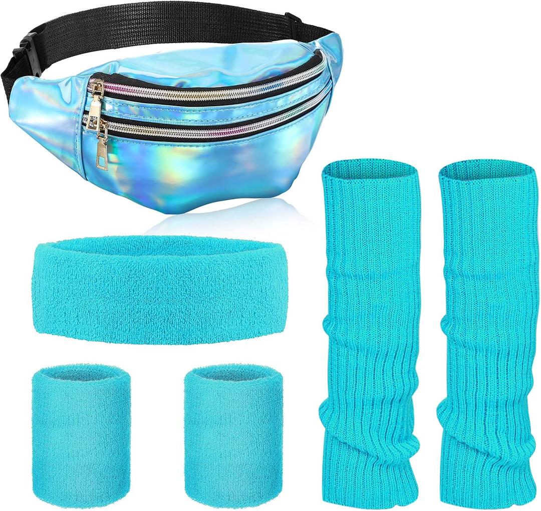 SATINIOR 80s Women Workout Outfit Neon Leg Warmer Headband Wristbands Fanny Pack Set 80s Accessories for Yoga Running (Blue, Light Blue)
