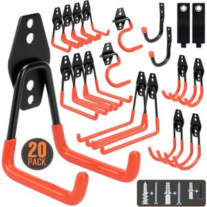 TONDA Garage Hooks, 20 Pack Garage Organization, Wall Storage Hooks Heavy Duty for Hanging Bike, Ladder, Garden Tools, Hose and Ropes, Orange