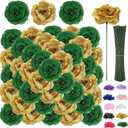 108pcs Roses Head Flowers with Stem - Emerald Green Gold Artificial Flowers Rose Bulk - Silk Rose Fake Flower for Wedding Bouquet Decor DIY Baby Shower Centerpieces St Patrick's Day Decoration