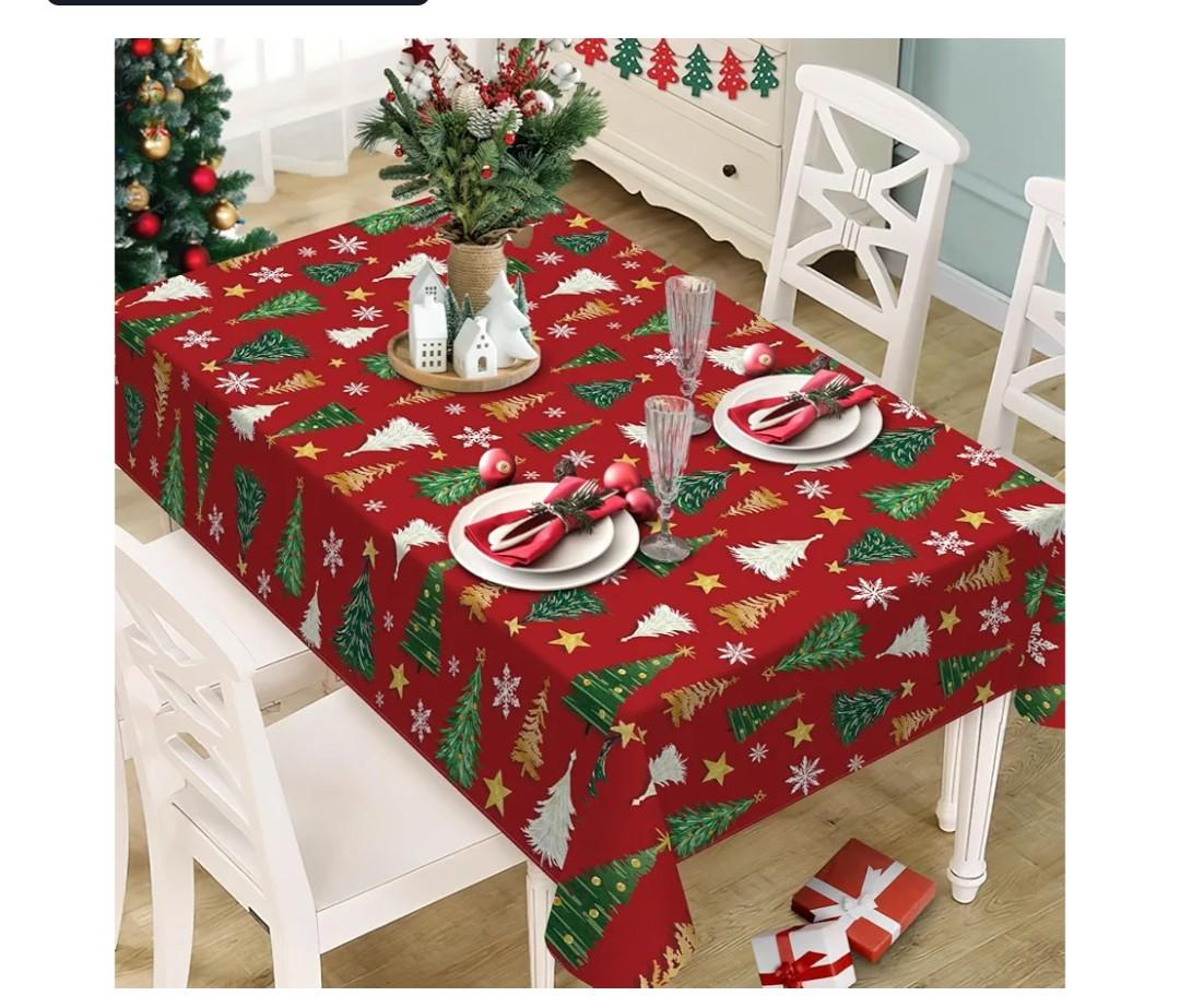 Christmas Tree Red Rectangle Tablecloth 60 x 84 Inches, Xmas Pine Trees Snowflake Stars Decorative Dining Table Cloth, Winter Holiday Farmhouse Dinner Tablecover Picnic Party Decoration